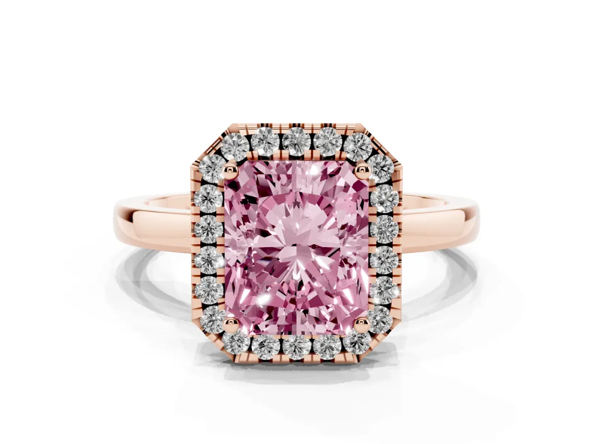 Fancy Pink Radiant Cut Halo Diamond Solitaire with Pavé Band and Four-Prong Setting Rose gold