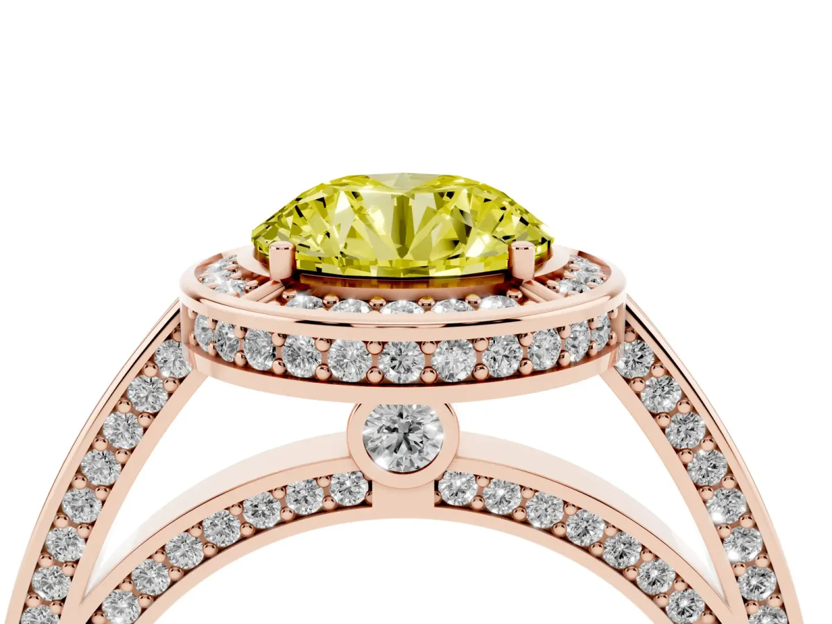 Fancy Yellow Round Cut Cut Halo Pave Split Shank Prong Setting Ring Rose gold