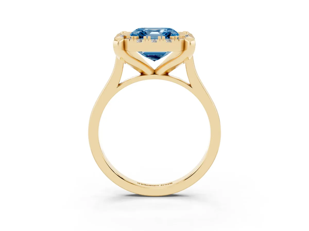 Fancy Blue Asscher Cut Diamond Cluster Halo Solitaire with Four-Prong Setting Yellow gold