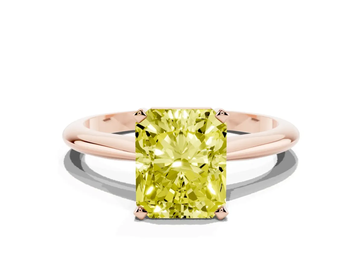 Fancy Yellow Radiant Cut Cut Solitaire Ring with Four-Prong Setting on a Classic Band Rose gold