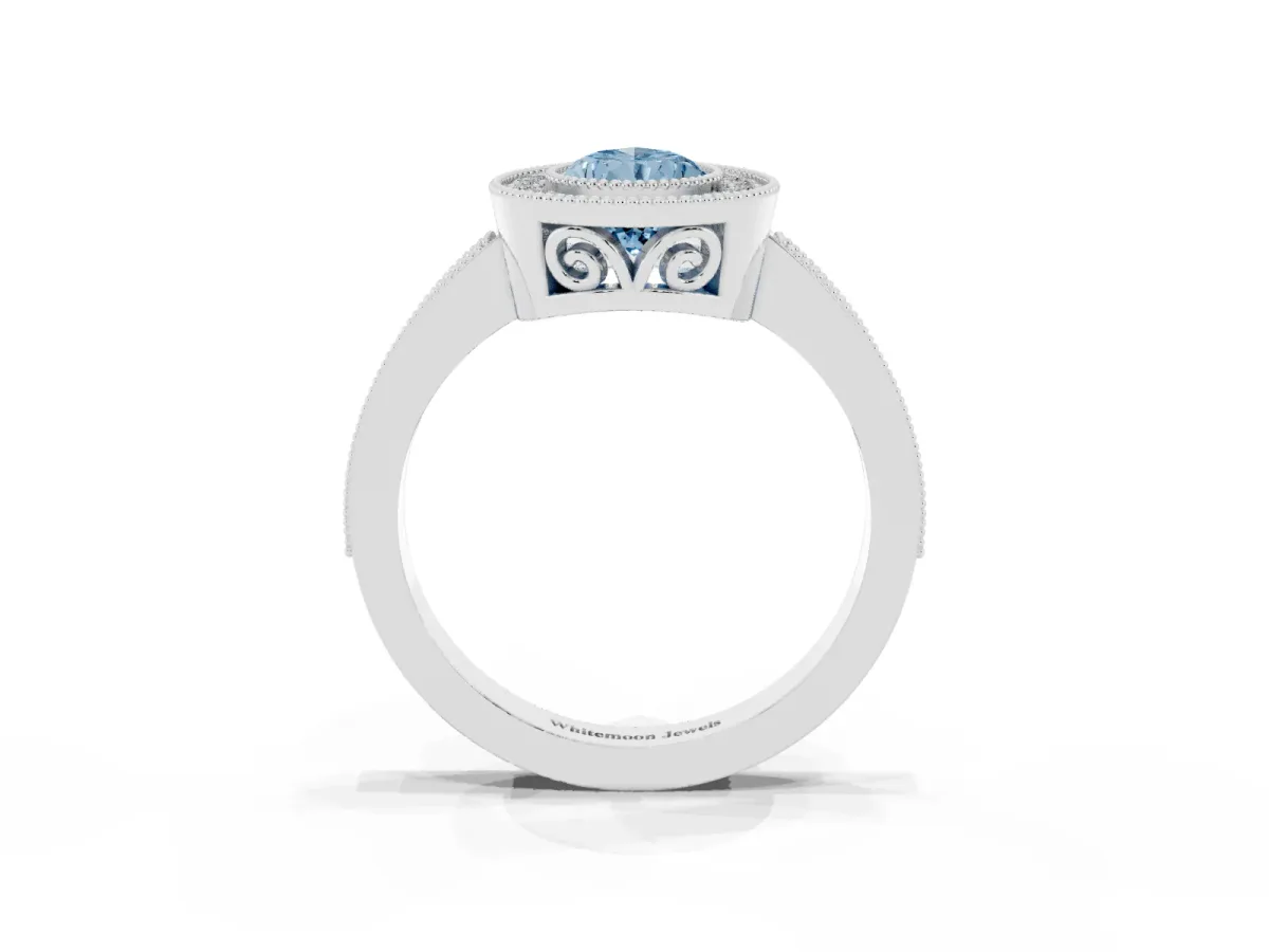 Fancy Blue Pear Cut Cut Halo Diamond Ring with Pavé Band and Milgrain Prong Setting Silver