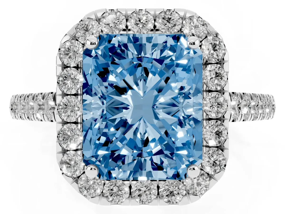 Fancy Blue Radiant Cut Halo Pave Diamond Engagement Ring with Four-Prong Setting Silver