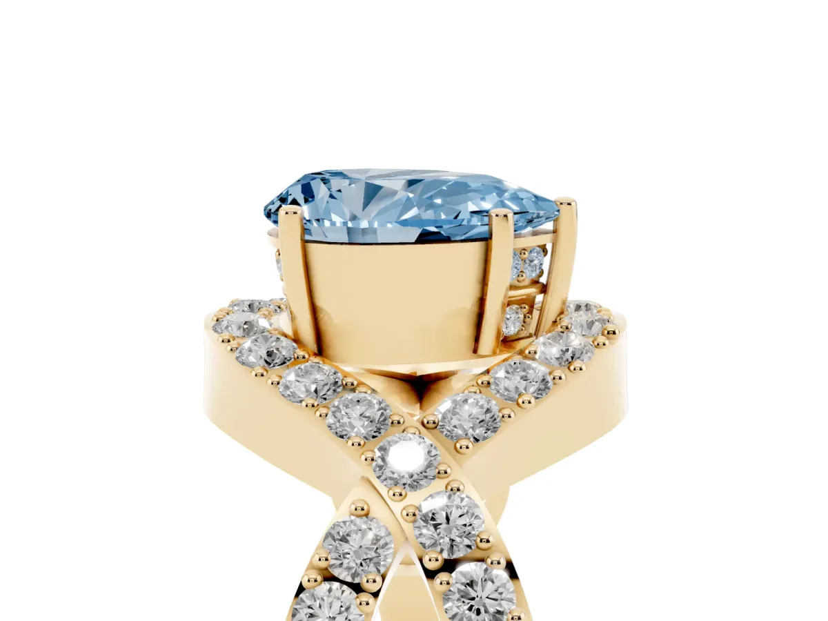 Fancy Blue Pear Cut Solitaire Twist Band Pavé Diamond Engagement Ring Yellow gold