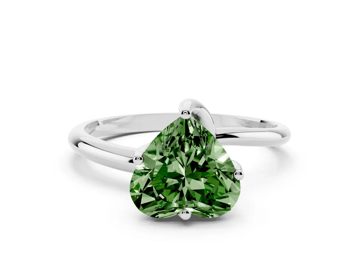 Fancy Green Heart Cut Diamond Solitaire Engagement Ring with Four-Prong Setting and Classic Band Silver