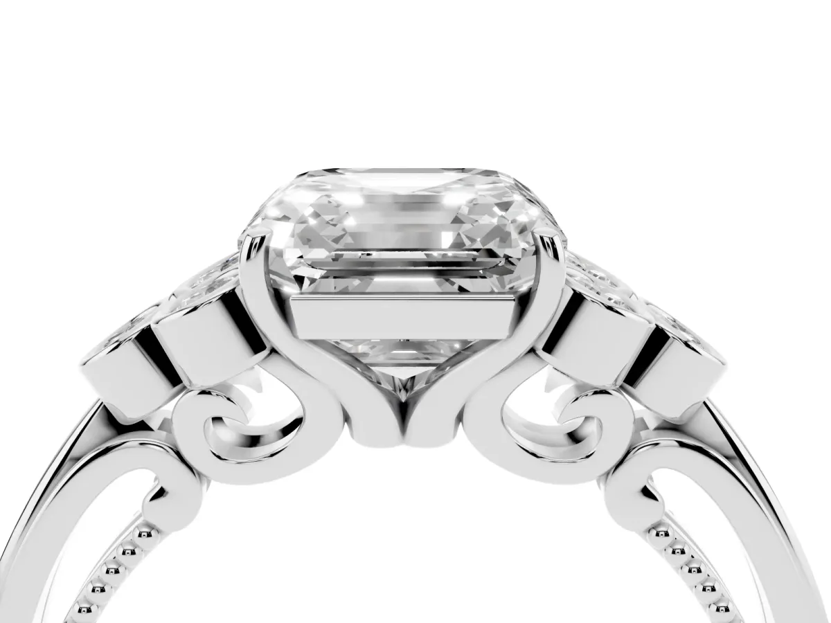 Asscher Cut Cut Diamond Engagement Ring with Bezel Set Round Side Stones and Prong Setting White gold