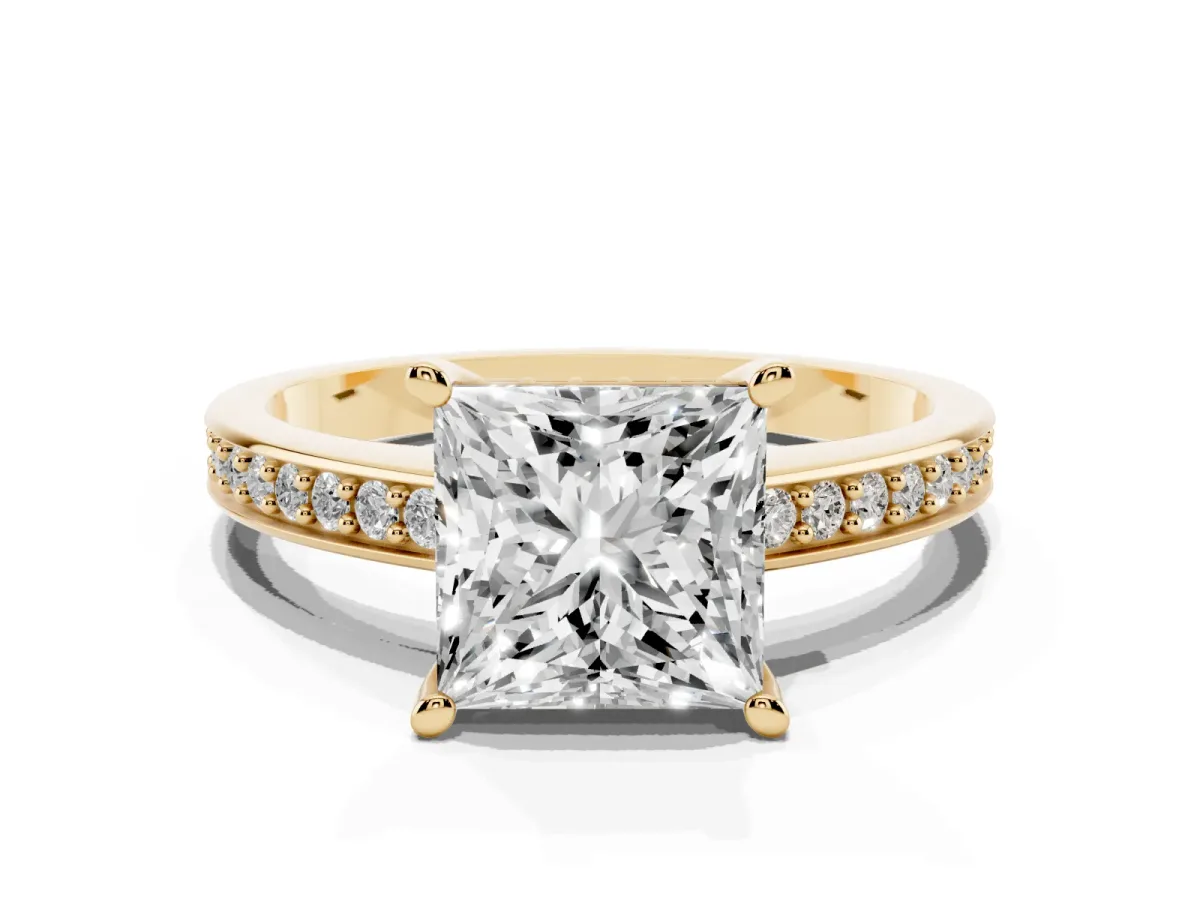 Princess Cut Solitaire Pavé Band Prong Setting Ring Yellow gold
