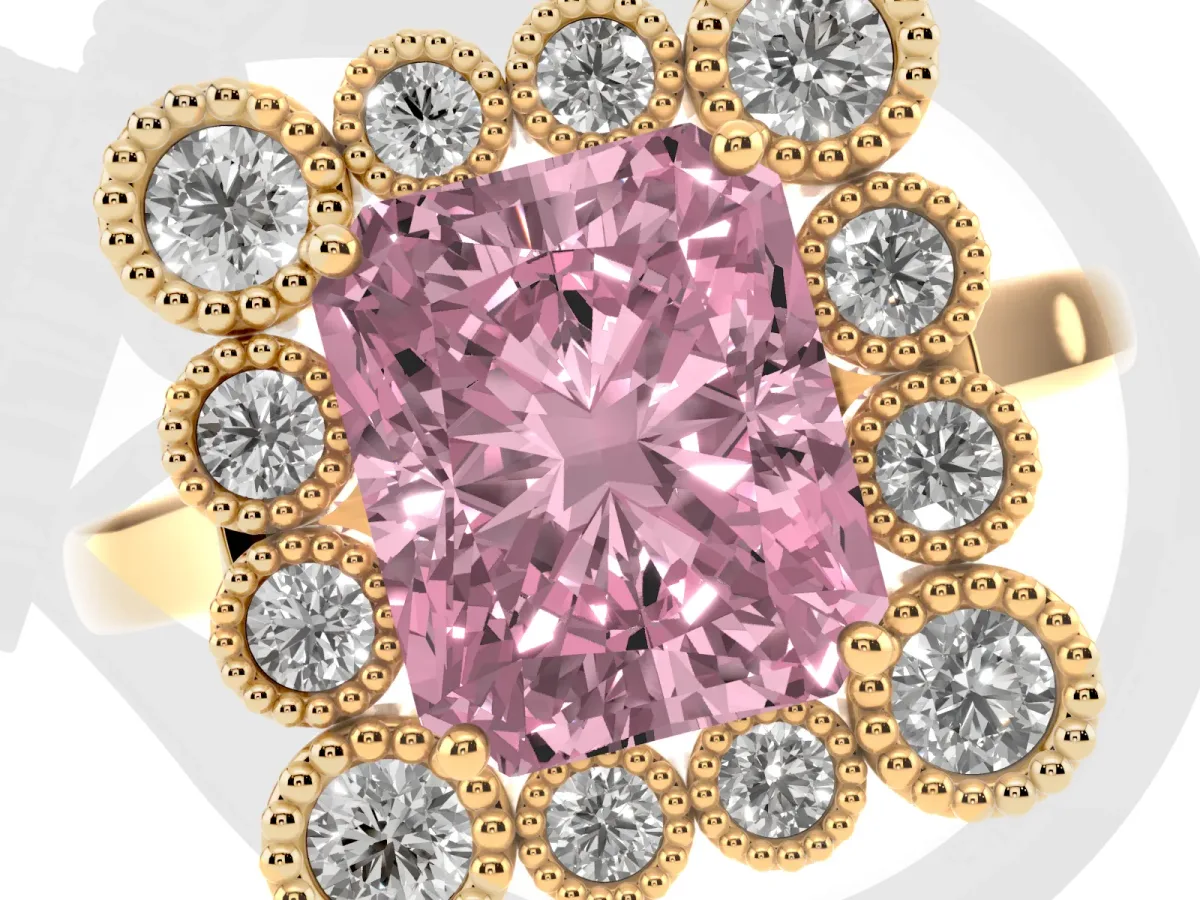 Fancy Pink Radiant Cut Halo Diamond Cluster Engagement Ring with Milgrain Bezel Setting and Solitaire Band Yellow gold
