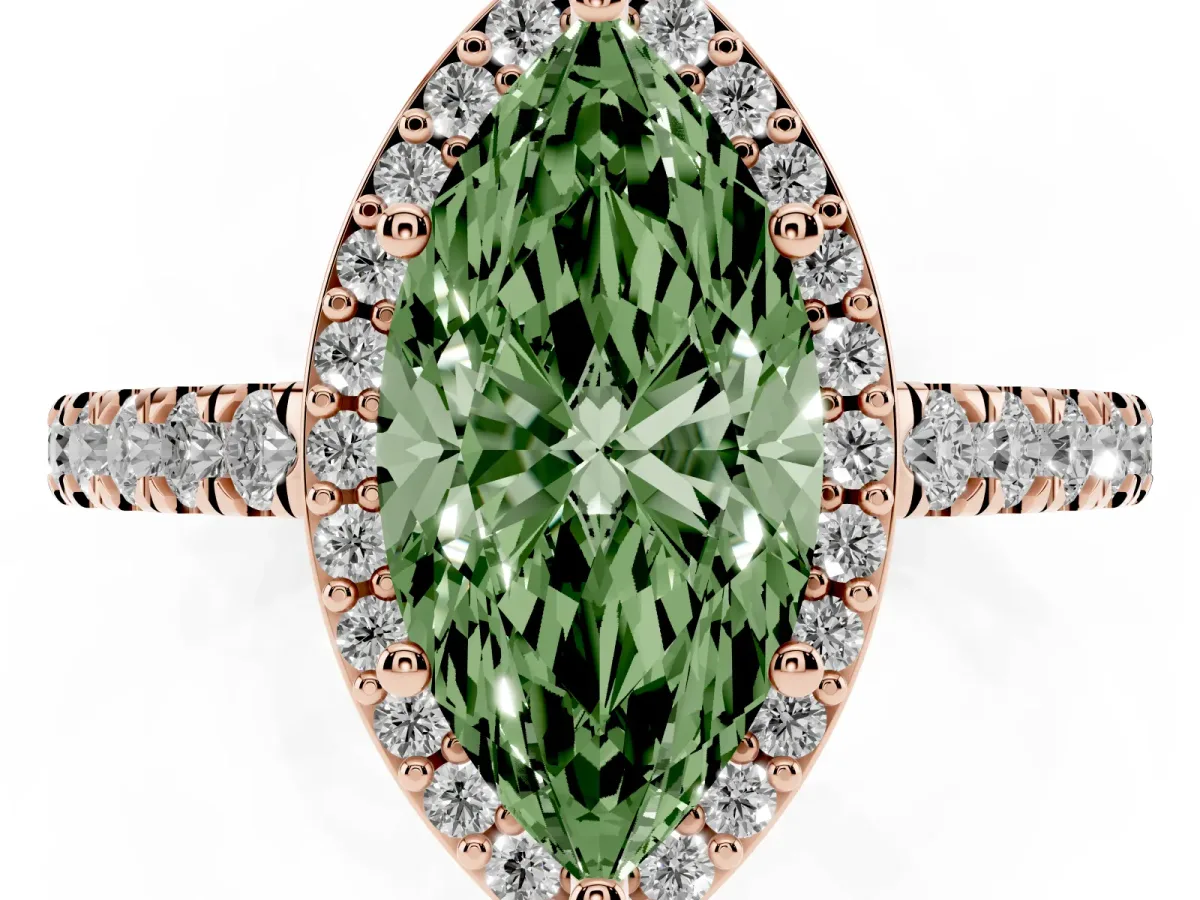 Fancy Green Marquise Cut Cut Halo Diamond Engagement Ring with Pave Band and Four-Prong Setting Rose gold