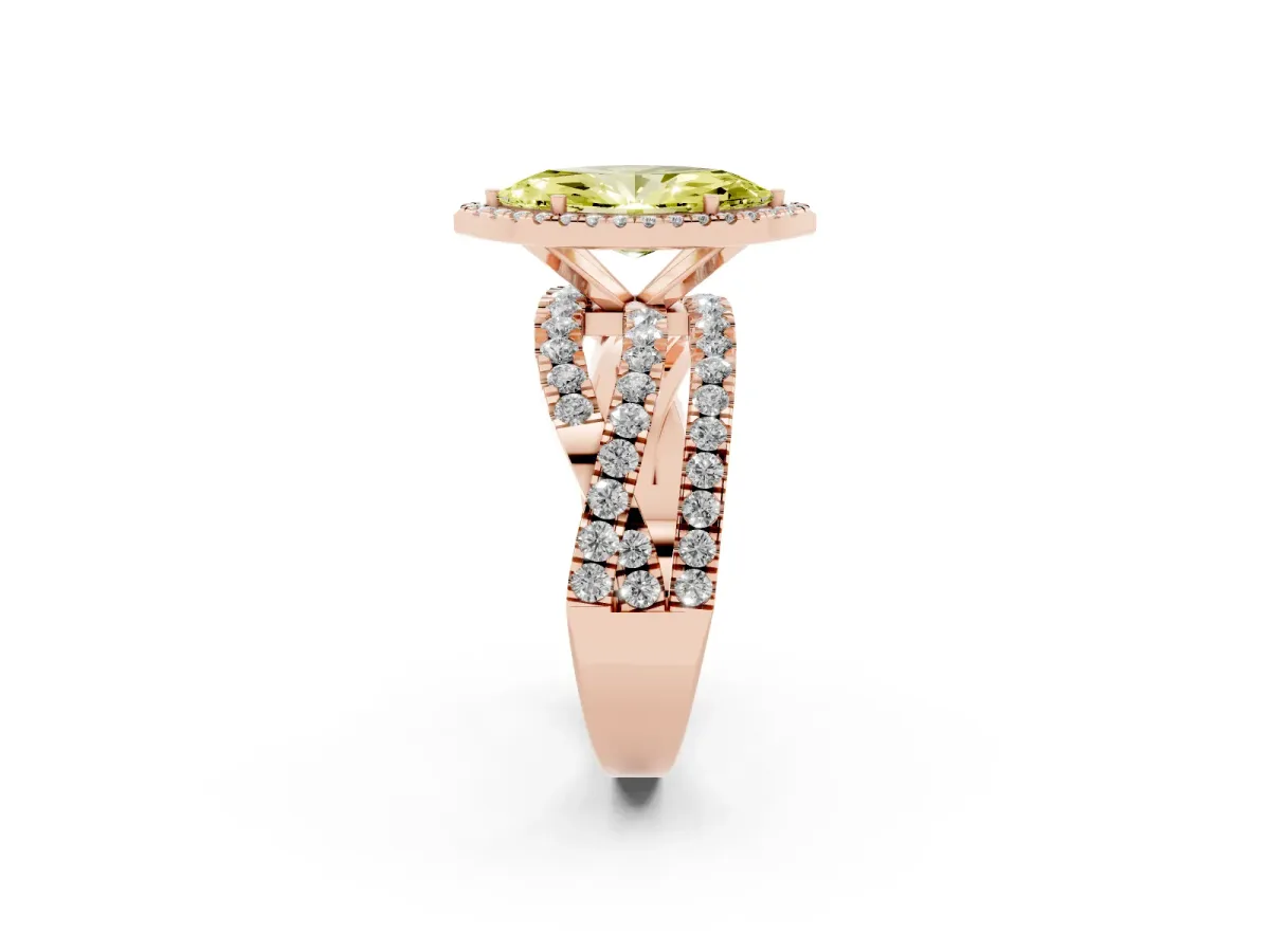 Fancy Yellow Marquise Cut Diamond Halo Ring with Round Split Shank and Prong Setting Rose gold