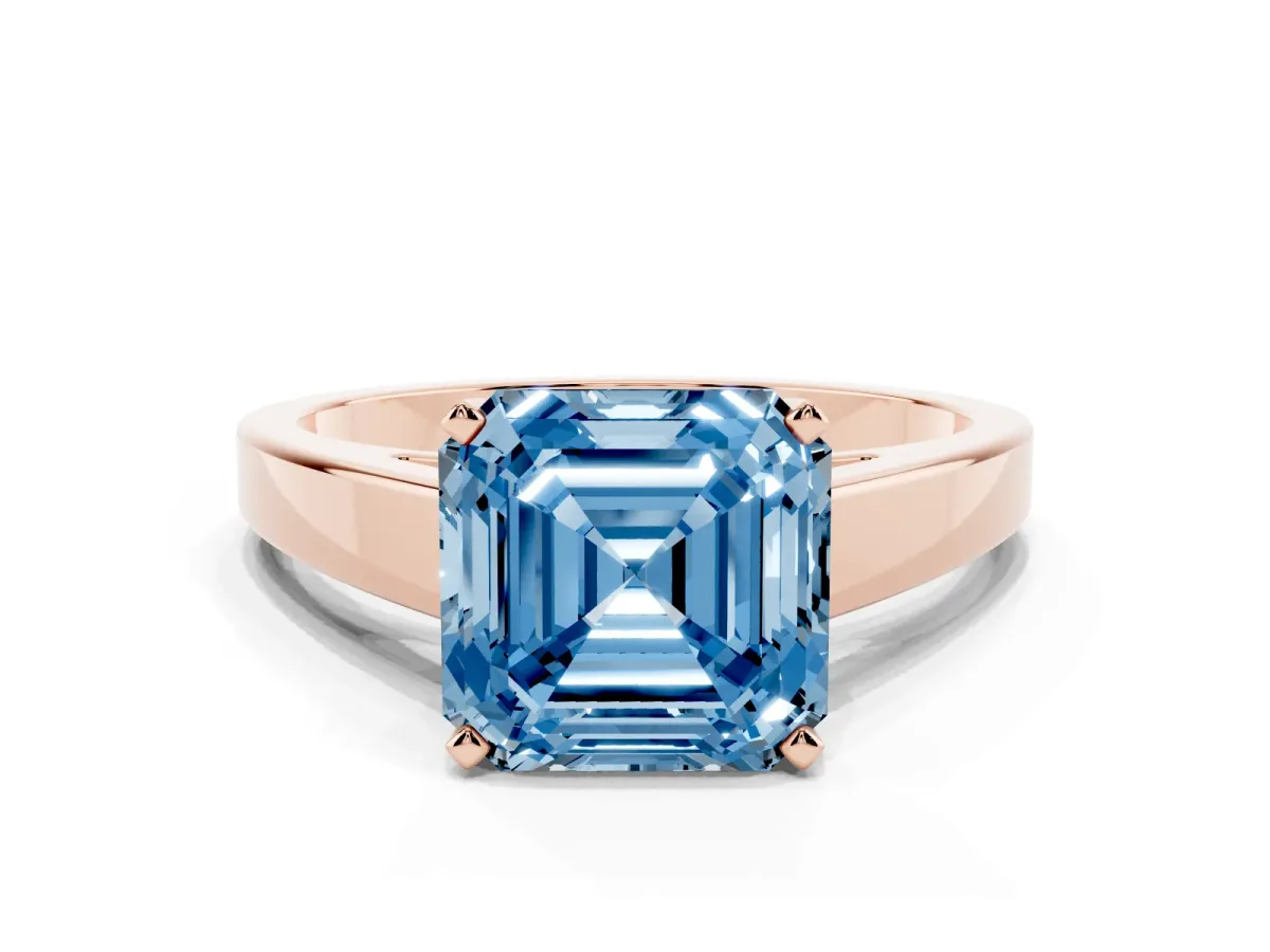 Fancy Blue Asscher Cut Solitaire Engagement Ring with Four-Prong Setting and Tapered Band Rose gold