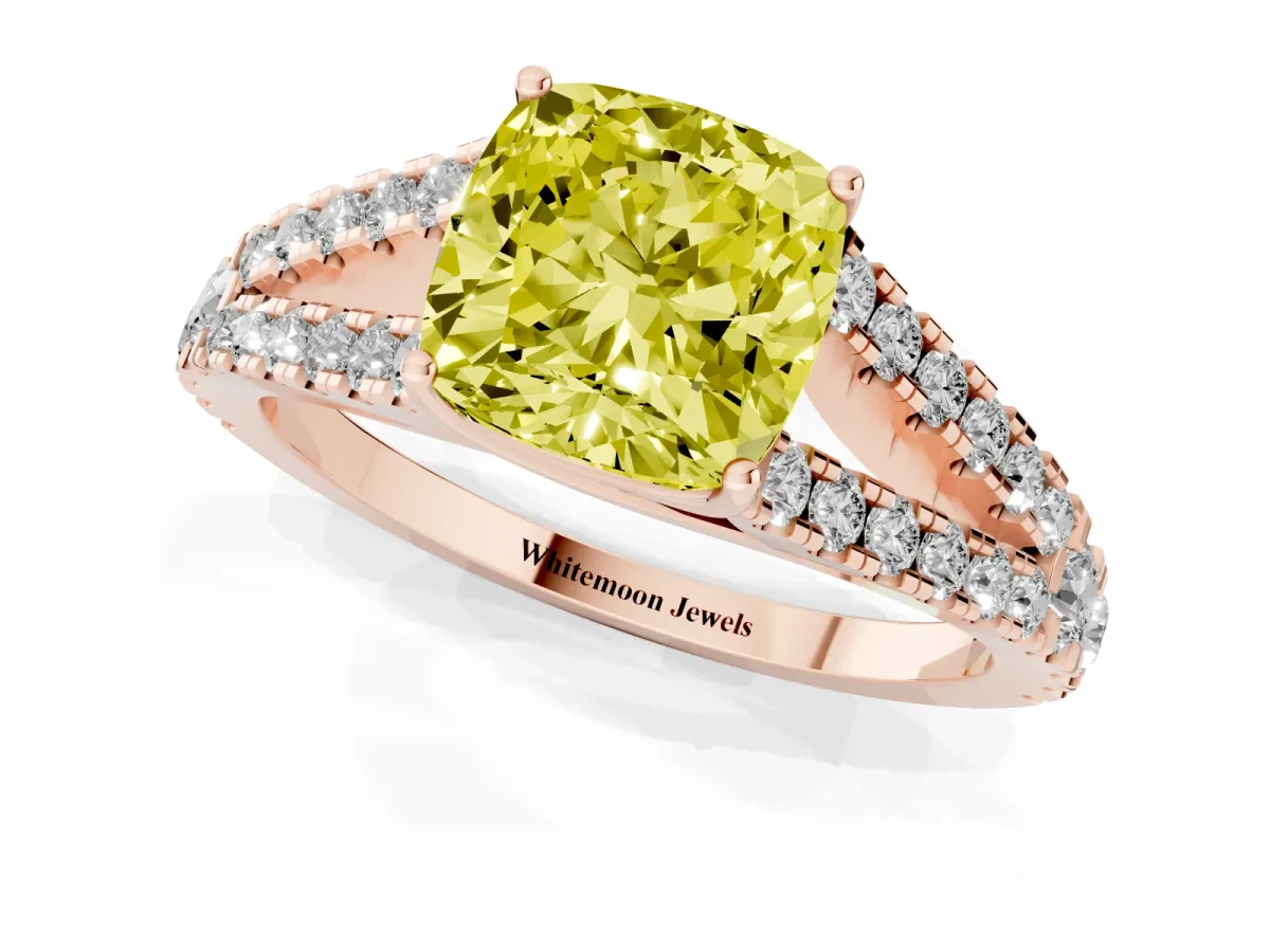 Fancy Yellow Cushion Cut Diamond Split Shank Engagement Ring with Round Pavé and Prong Setting Rose gold