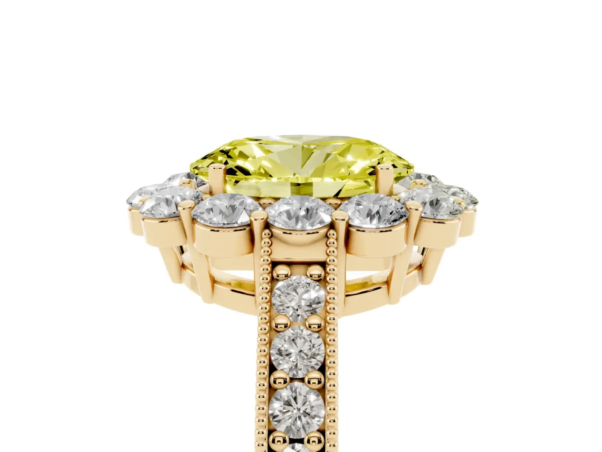 Fancy Yellow Oval Cut Cut Halo Diamond Pavé Engagement Ring with Milgrain Detailing Yellow gold