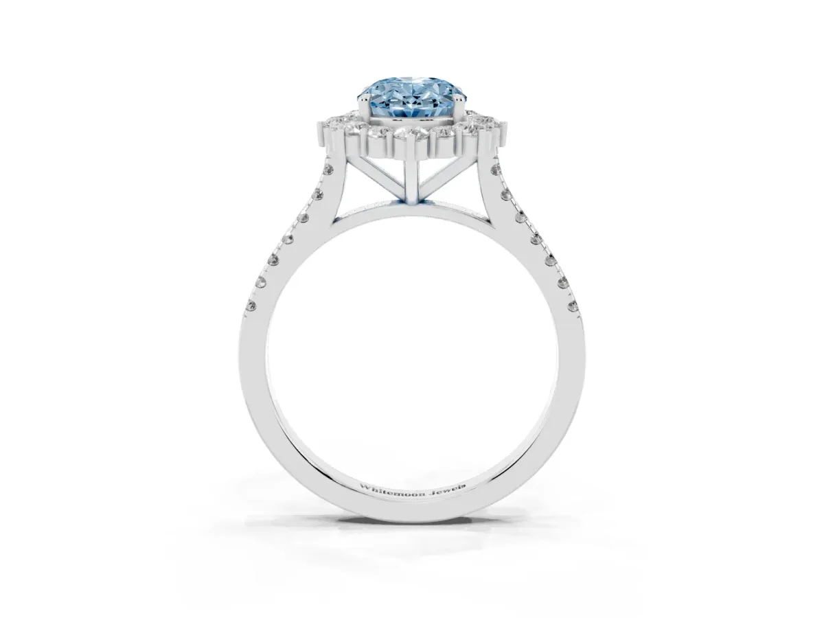 Fancy Blue Oval Cut Halo Diamond Ring with Pavé Band and Prong Setting Silver