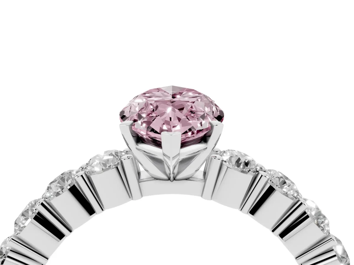 Fancy Pink Marquise Cut Diamond Solitaire Ring with Shared Prong Round Side Stones Platinum