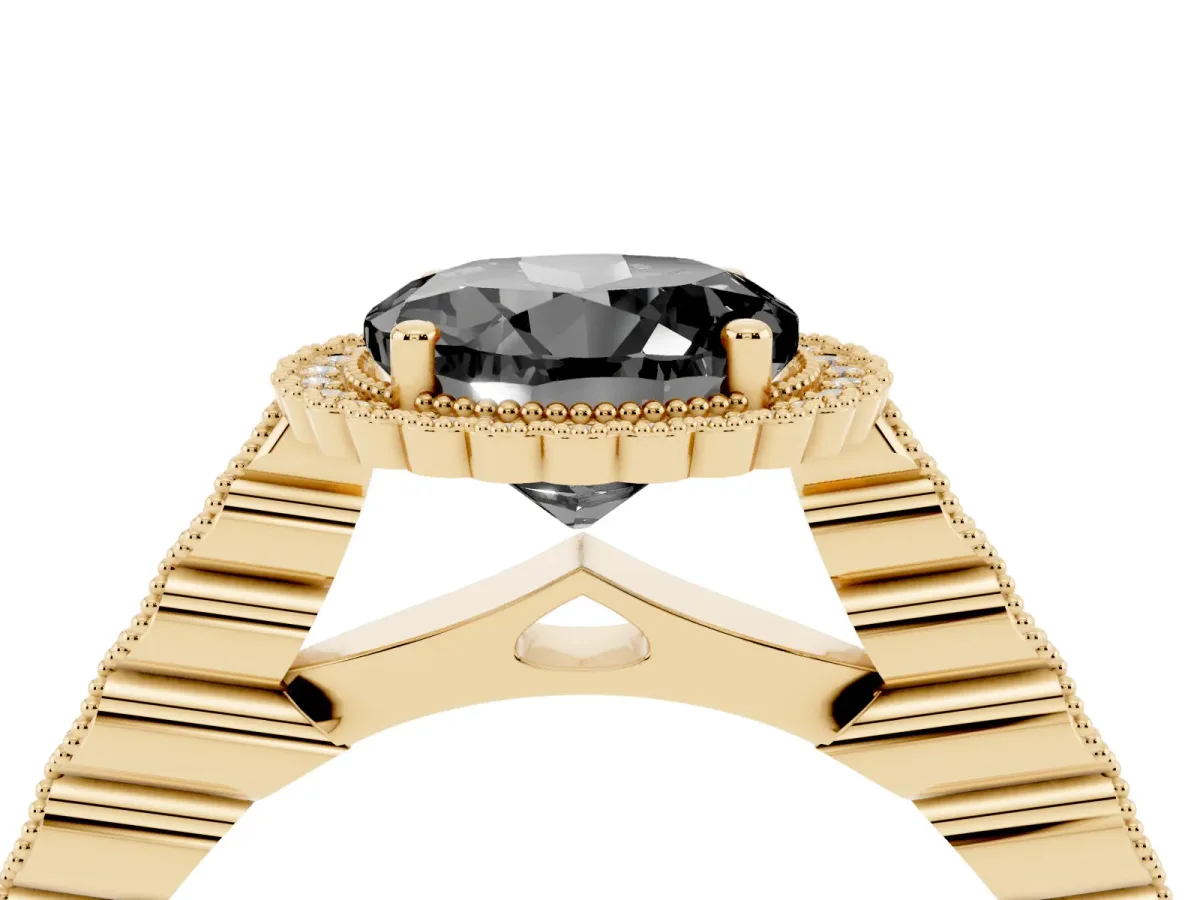 Fancy Black Round Cut Cut Halo Pavé Solitaire Ring with Milgrain Band Yellow gold