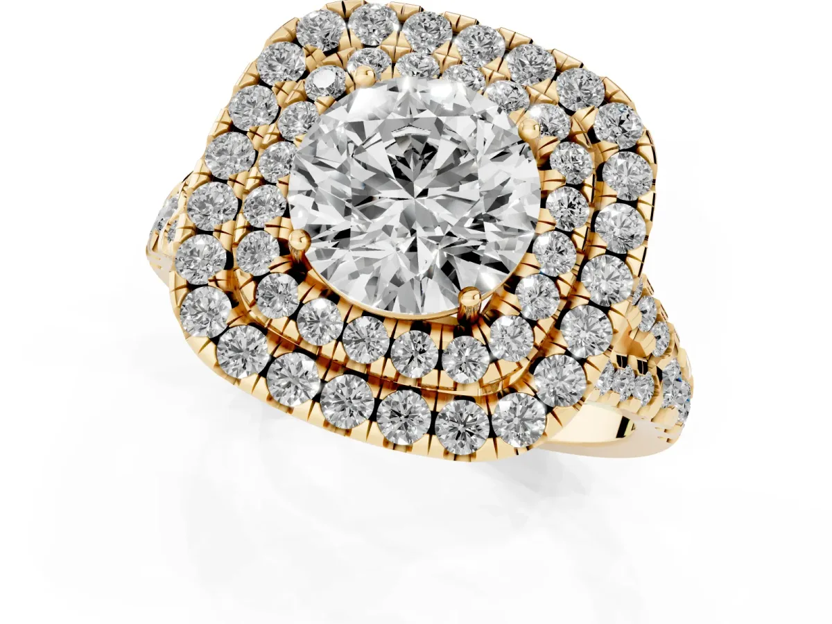 Double Halo Round Cut Diamond Pavé Split Shank Ring with Prong Setting Yellow gold
