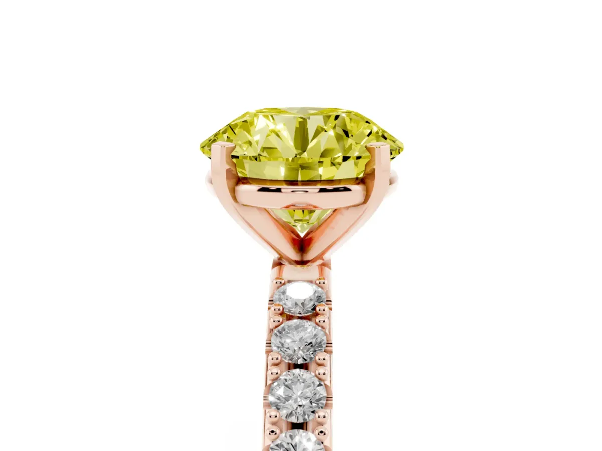 Fancy Yellow Round Cut Diamond Solitaire Pavé Band with Four-Prong Setting Rose gold