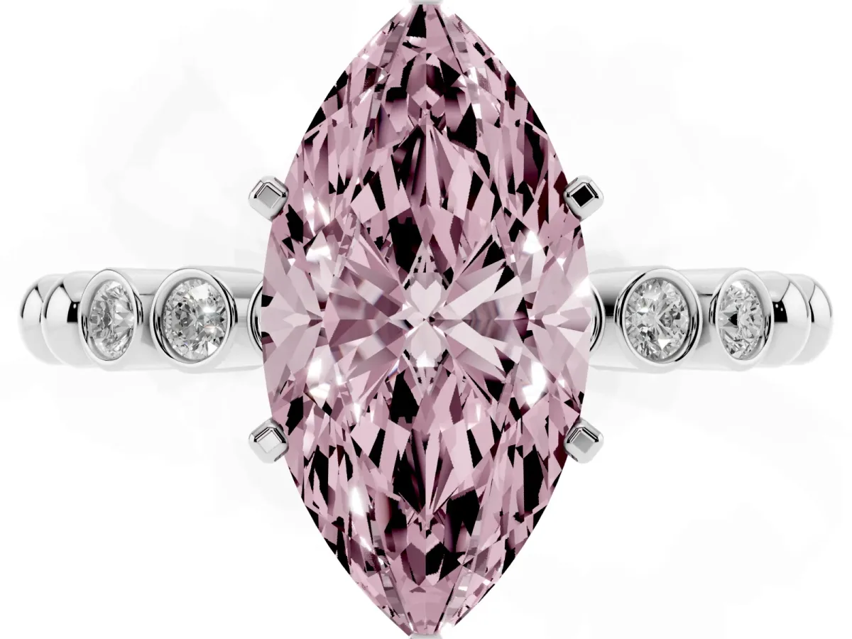 Fancy Pink Marquise Cut Solitaire Bezel Accent Diamond Engagement Ring with Beaded Band and Four-Prong Setting Platinum