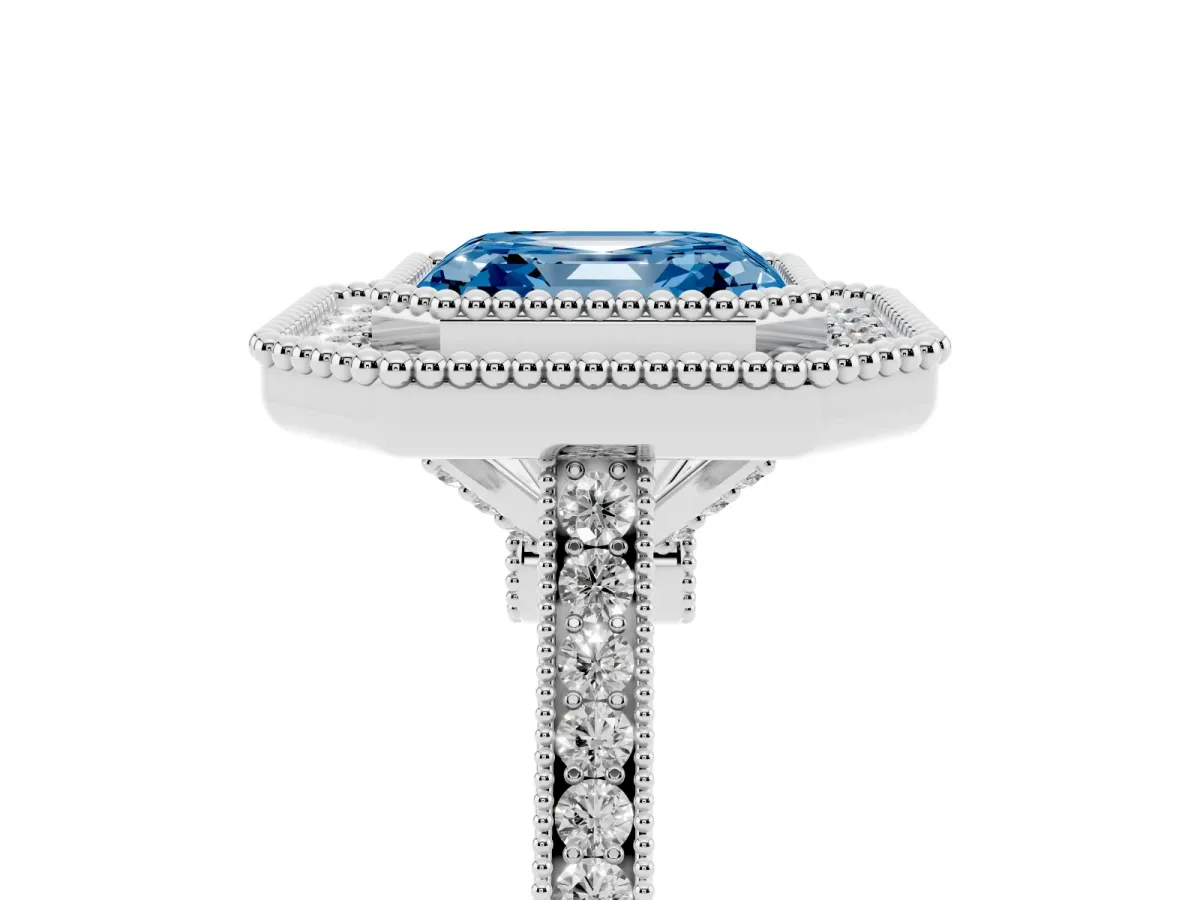 Fancy Blue Asscher Cut Diamond Halo Ring with Milgrain Frame and Pavé Band Platinum