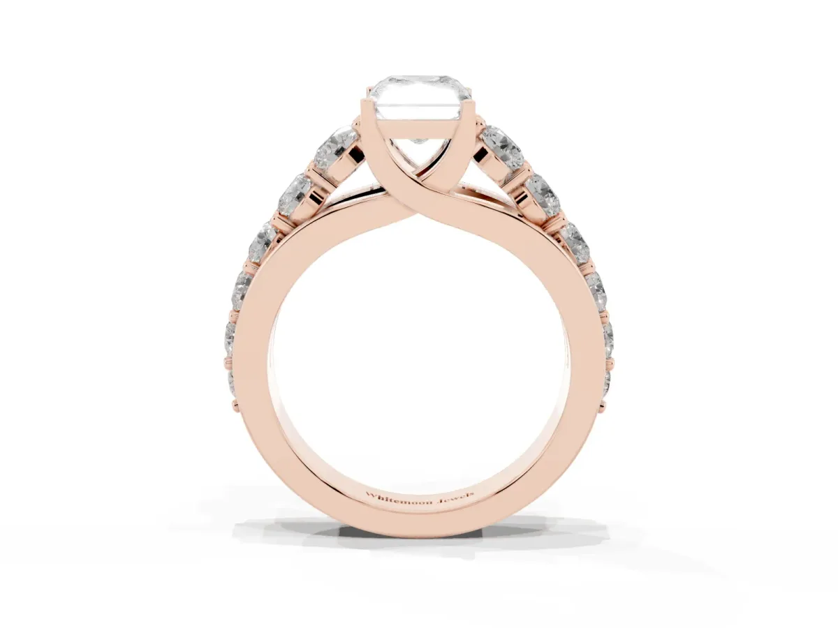Radiant Cut Diamond Engagement Ring with Pavé Band and Four-Prong Setting Rose gold