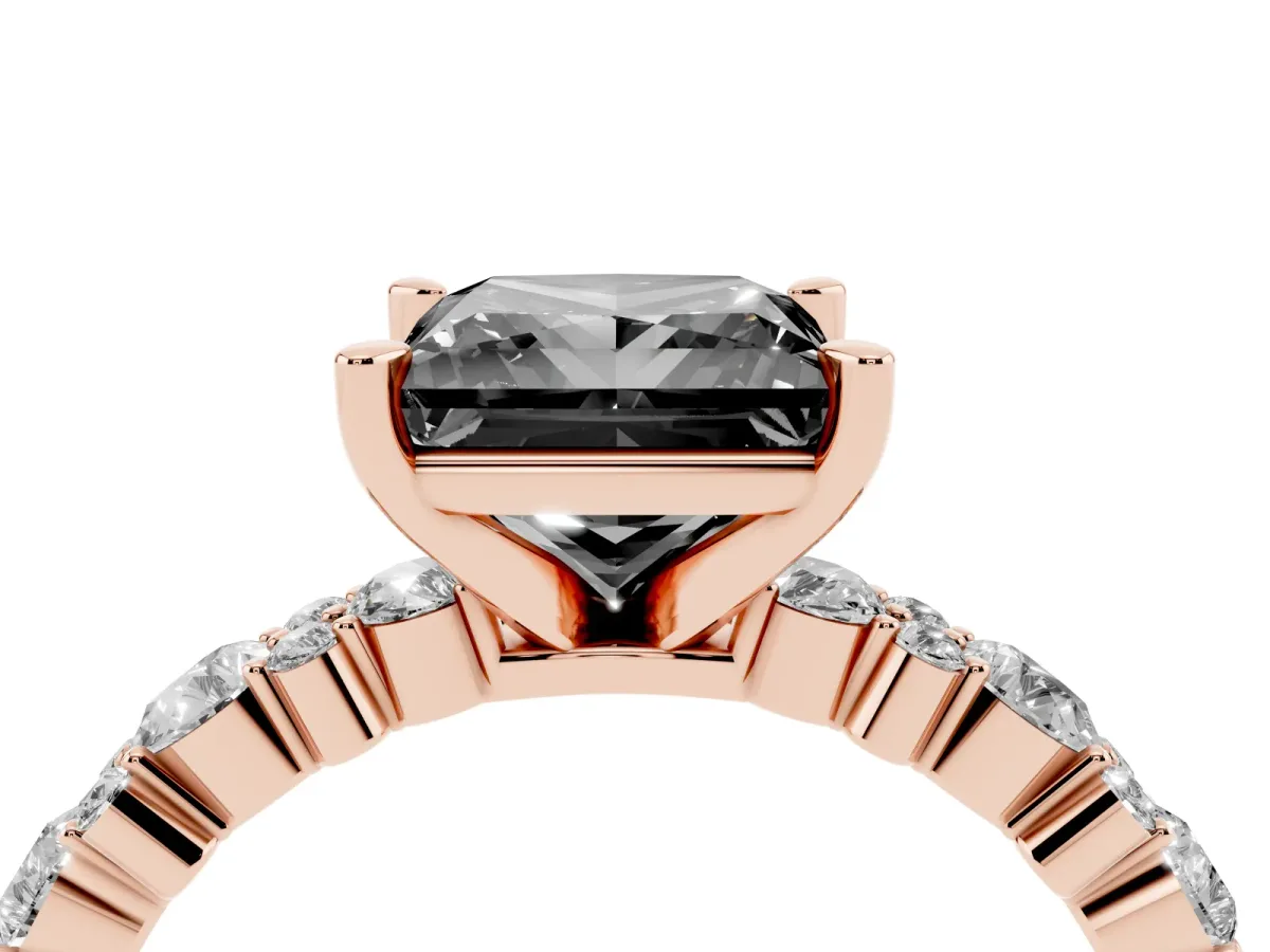 Fancy Black Princess Cut Diamond Side Stone Solitaire Ring with Round and Four-Prong Setting Rose gold