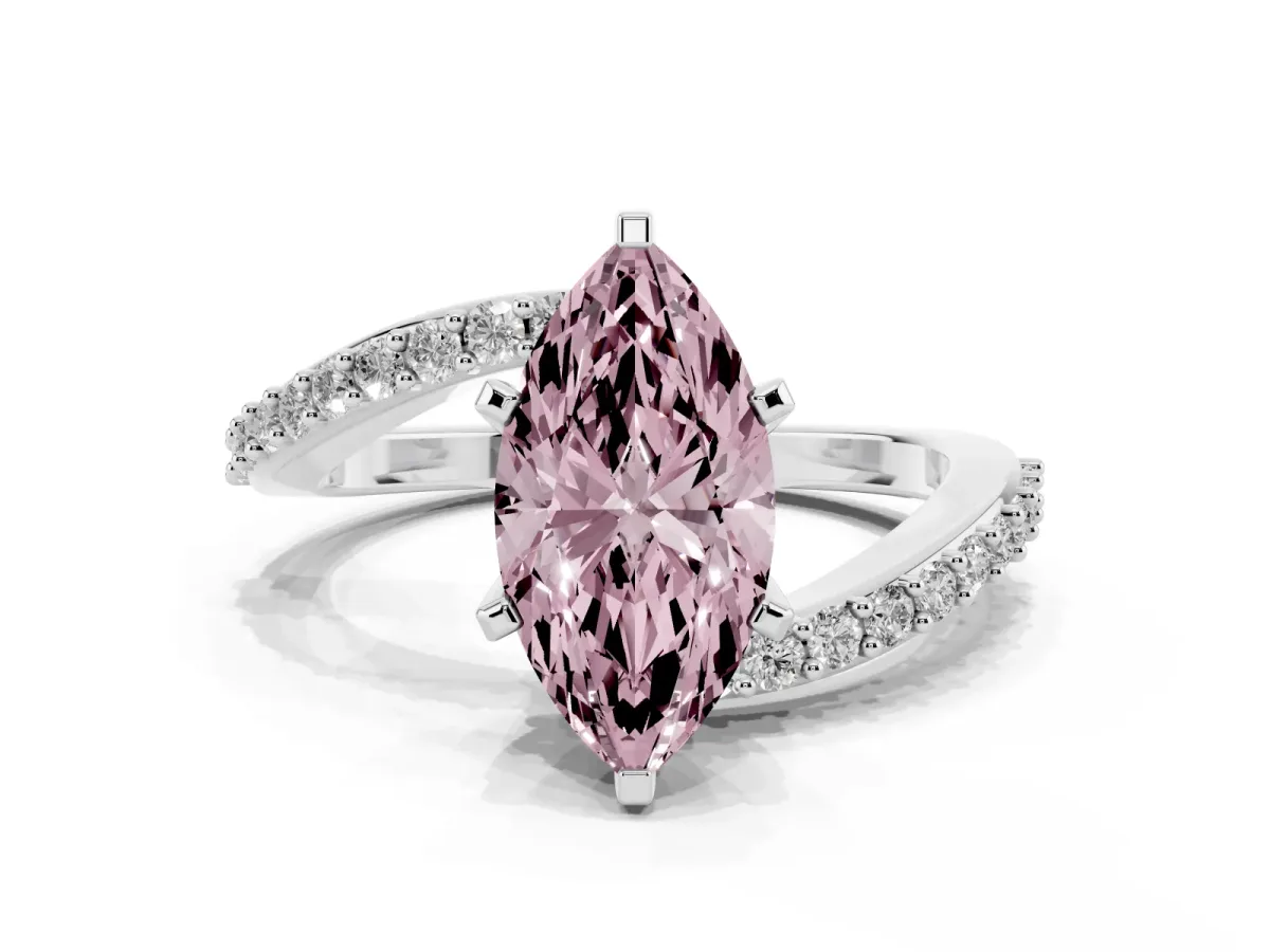 Fancy Pink Marquise Cut Solitaire Twist Band with Pave Set Diamonds and Four-Prong Setting Platinum