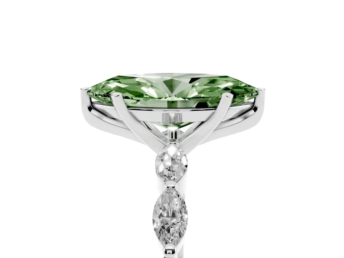 Fancy Green Marquise Cut Diamond Ring with Marquise Side Stones and Prong Setting Platinum