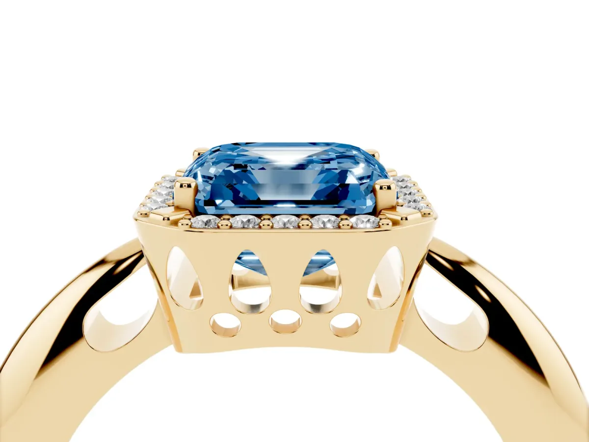 Fancy Blue Asscher Cut Cut Diamond Halo Engagement Ring with Split Shank and Four-Prong Setting Yellow gold