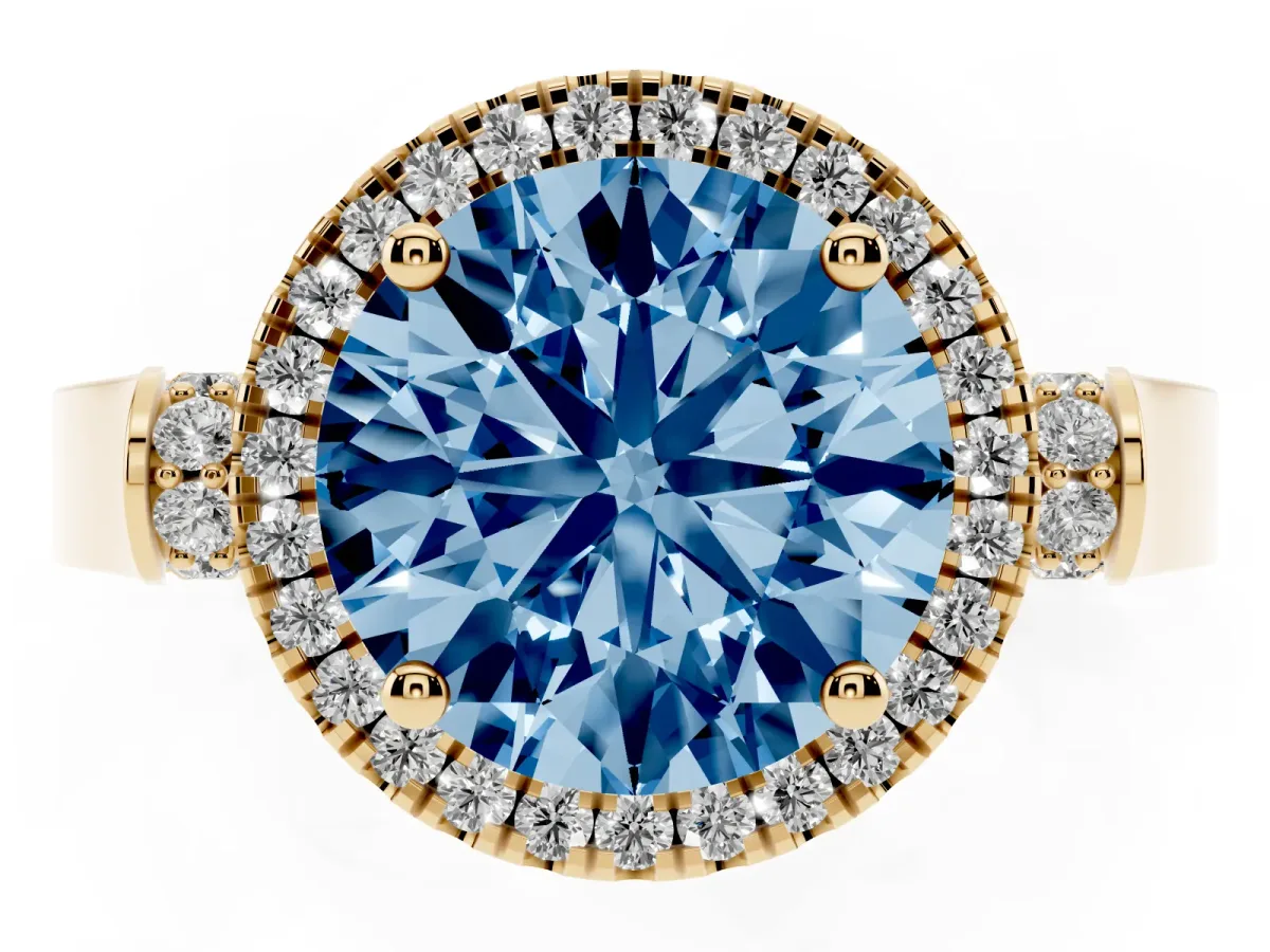Fancy Blue Round Cut Halo Round Diamond Twist Band with Four-Prong Setting Yellow gold