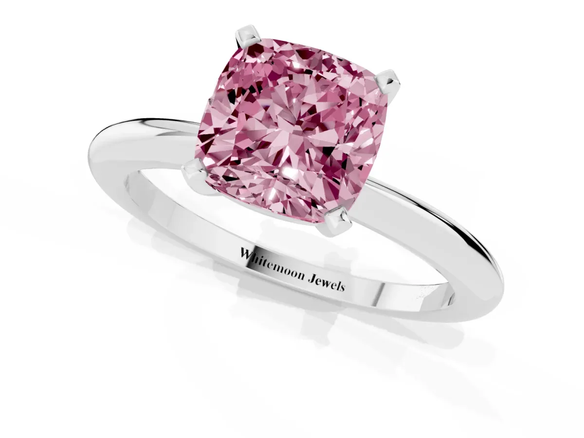 Fancy Pink Cushion Cut Diamond Solitaire Ring with Prong Setting and Classic Band Silver