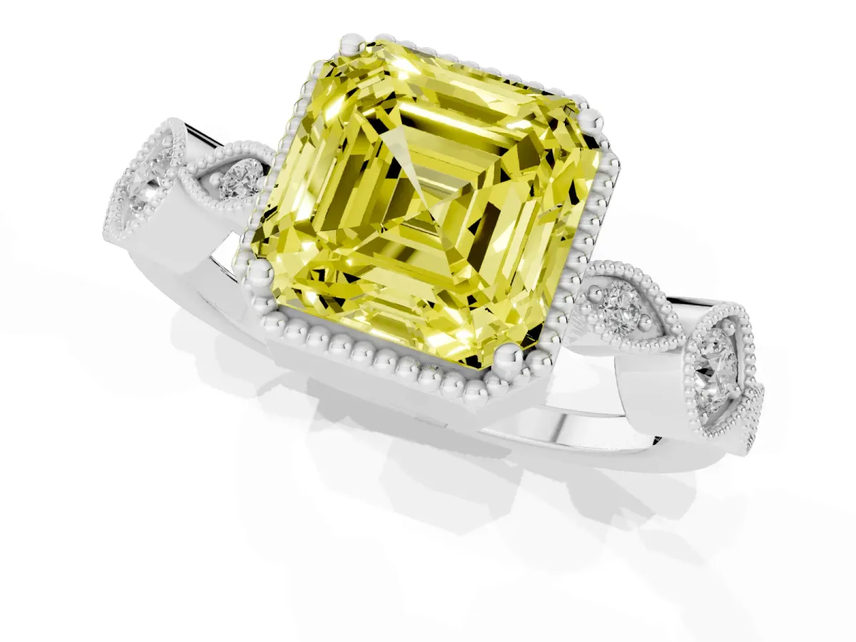 Fancy Yellow Asscher Cut Diamond Vintage Milgrain Ring with Round Stations Platinum