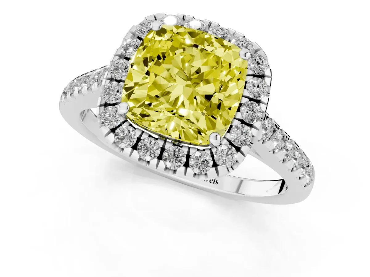 Fancy Yellow Cushion Cut Halo Pavé Diamond Engagement Ring with Four-Prong Setting Silver
