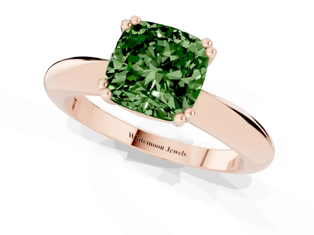 Fancy Green Cushion Cut Cut Solitaire Engagement Ring with Tapered Band and Four-Prong Setting Rose gold