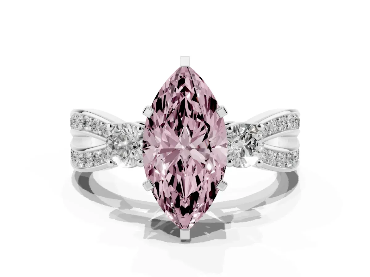 Fancy Pink Three-Stone Marquise Cut Cut Diamond Twist Band with Prong Setting Platinum