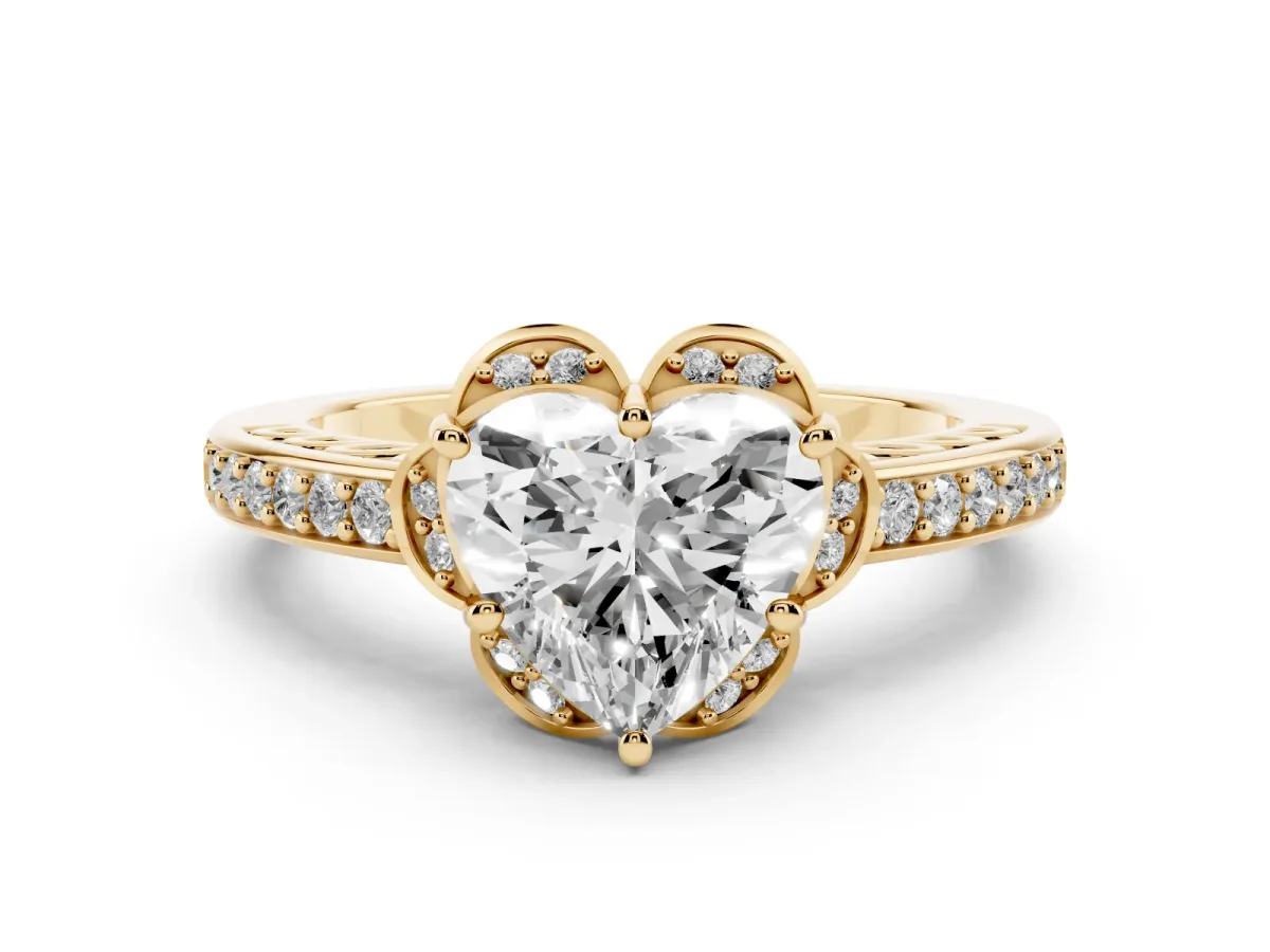 Heart Cut Cut Halo Diamond Ring with Channel Set Band and Four-Prong Setting Yellow gold