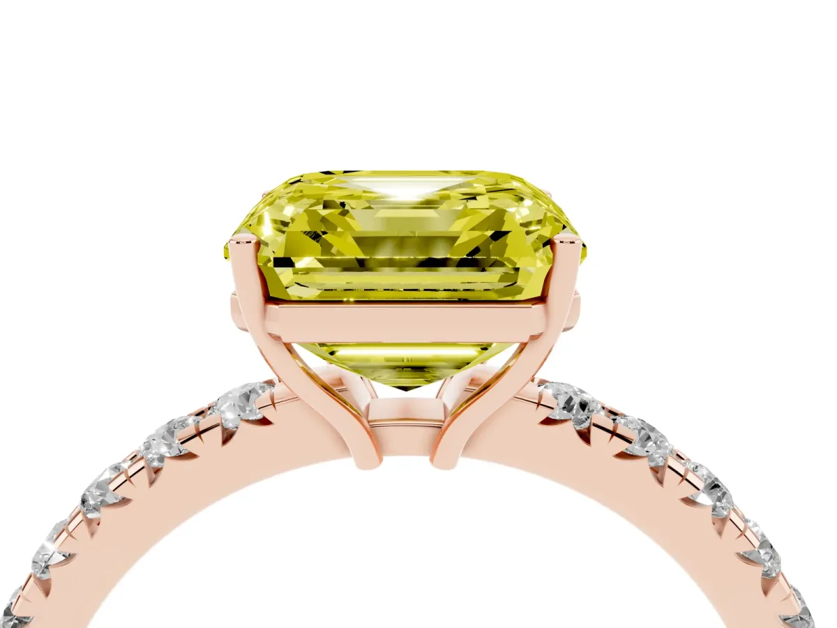 Fancy Yellow Asscher Cut Diamond Pavé Solitaire Engagement Ring with Four-Prong Setting Rose gold