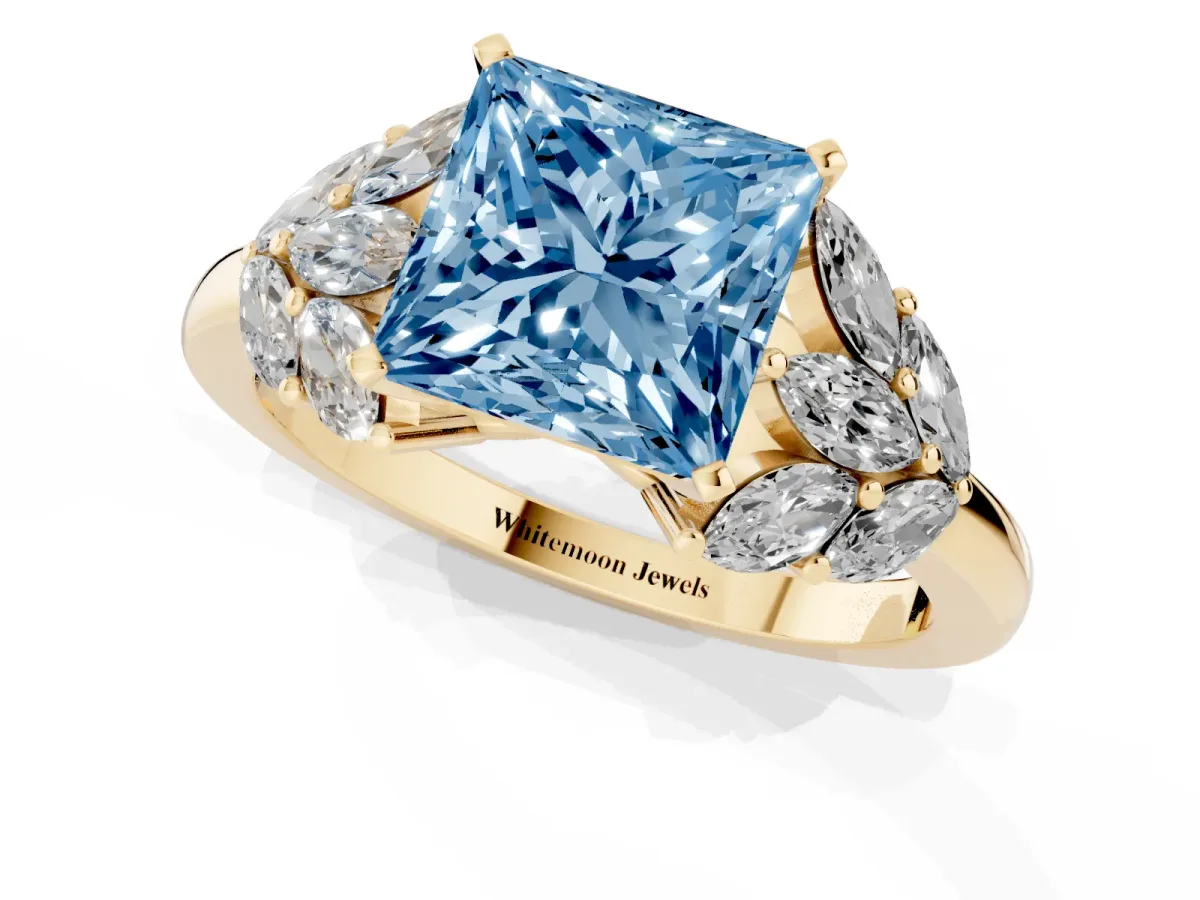 Fancy Blue Princess Cut Diamond Cluster Leaf Design Ring with Prong Setting Yellow gold
