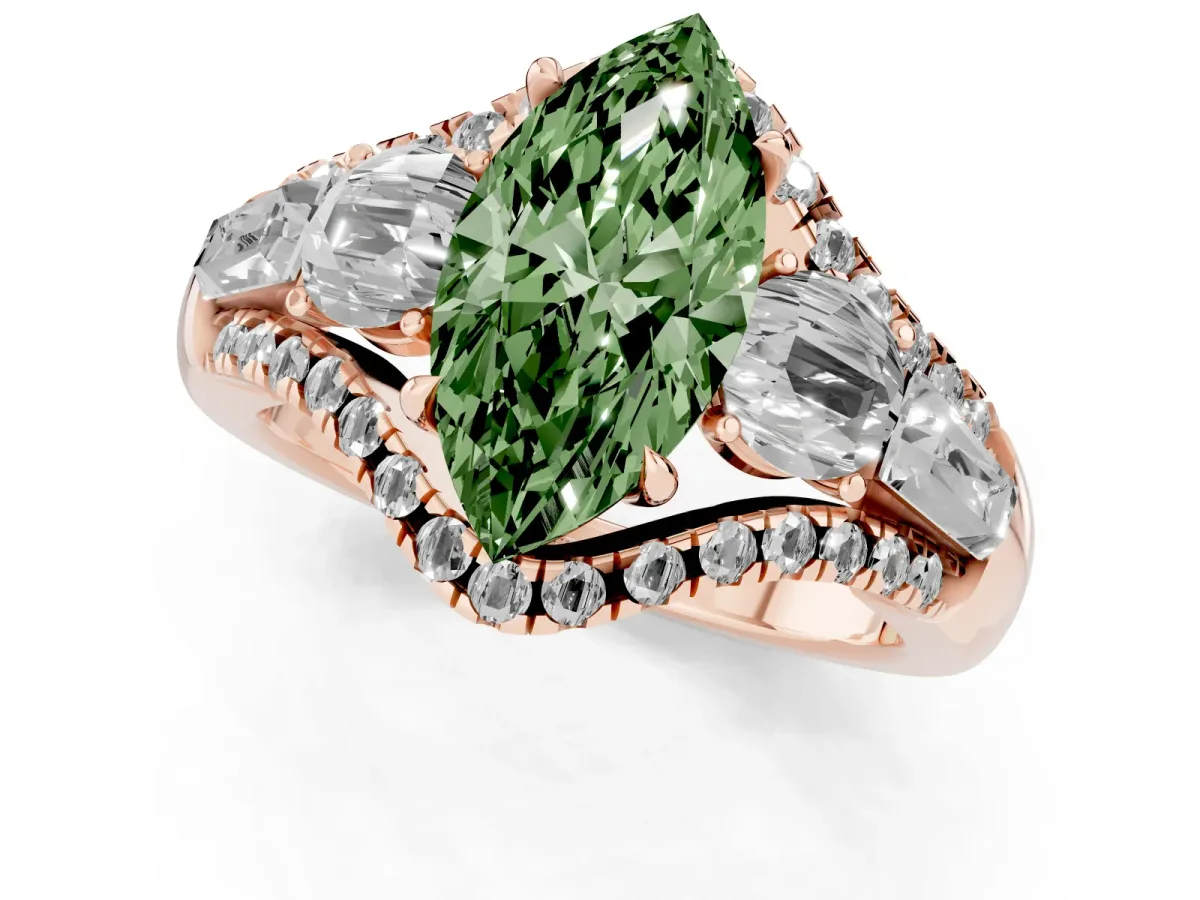Fancy Green Three-Stone Marquise Cut Diamond Engagement Ring with Pave Band and Prong Setting Rose gold