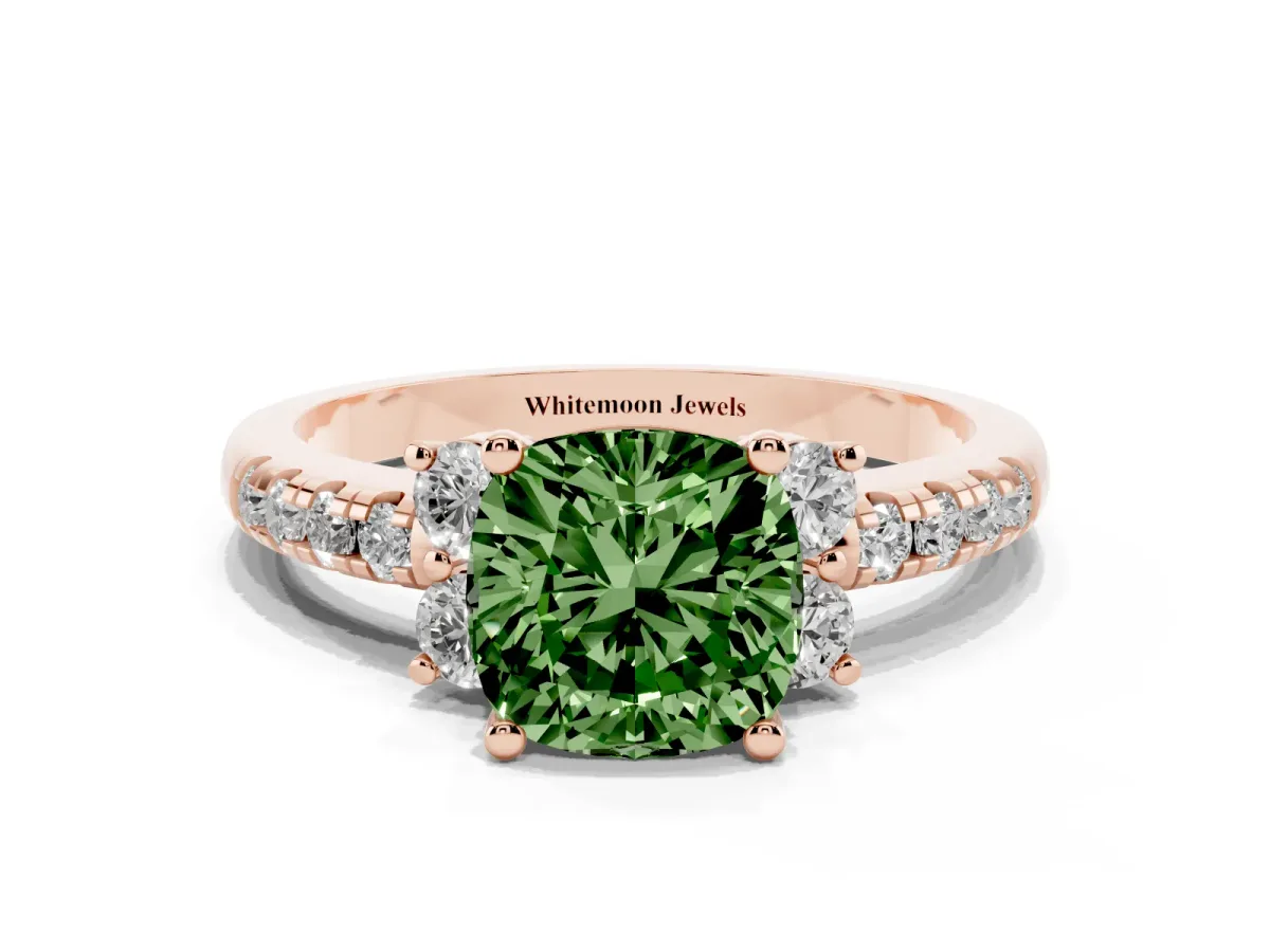 Fancy Green Cushion Cut Diamond Three-Stone Pave Band with Four-Prong Setting Rose gold