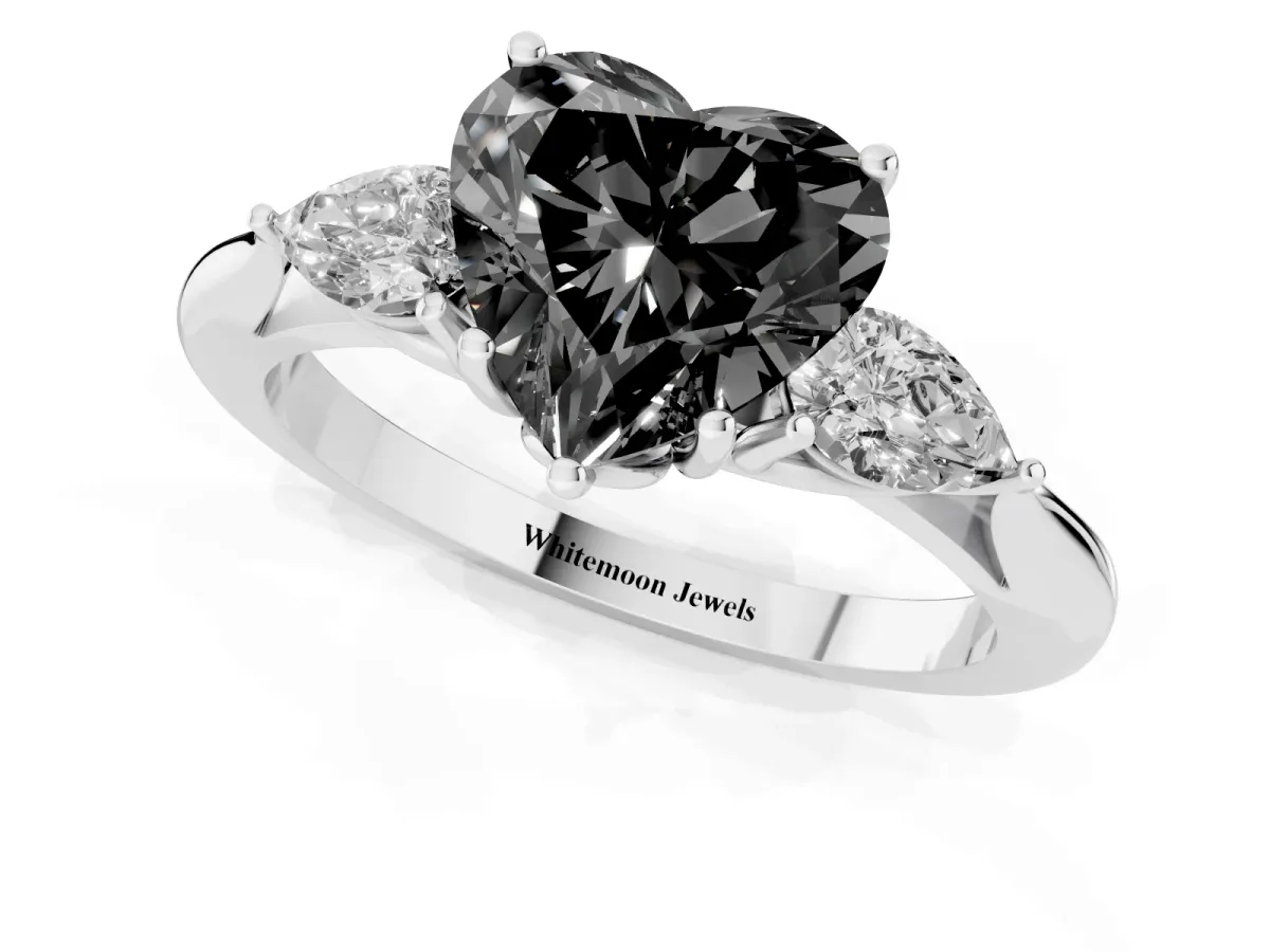 Fancy Black Heart Cut Diamond Three-Stone Ring with Pear Side Stones and Prong Setting Silver