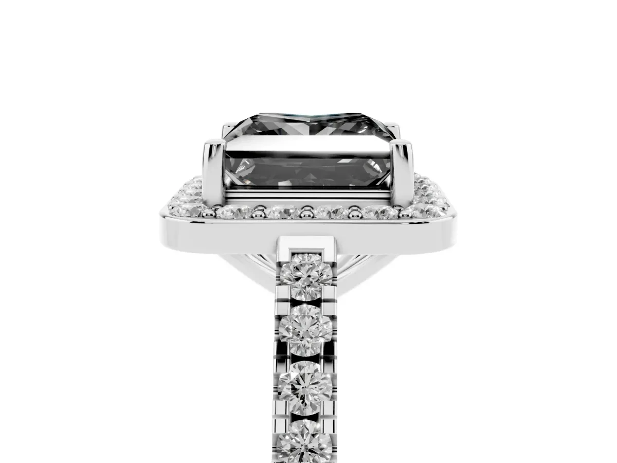 Fancy Black Princess Cut Diamond Halo Ring with Round Pavé Split Shank and Prong Setting Silver