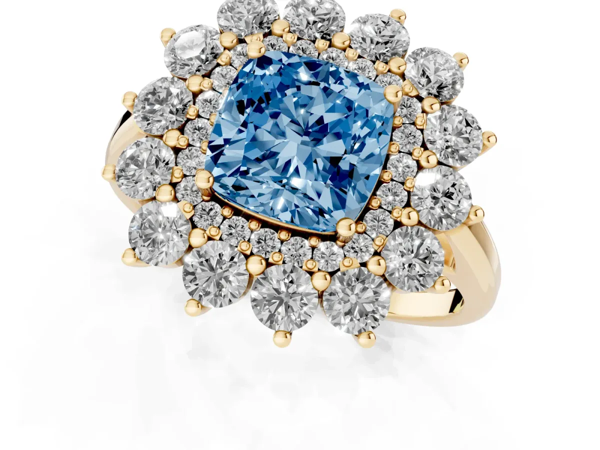 Fancy Blue Cushion Cut Diamond Floral Double Halo Engagement Ring with Prong Setting Yellow gold