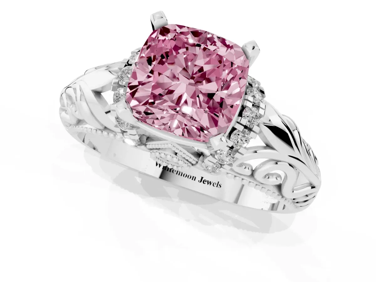 Fancy Pink Cushion Cut Solitaire Filigree Engagement Ring with Halo and Prong Setting Silver