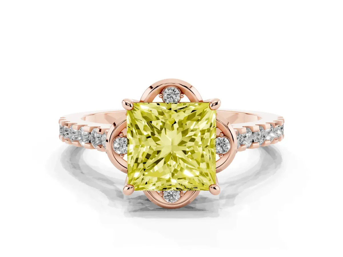 Fancy Yellow Princess Cut Diamond Ring with Pavé Band and Floral Prong Setting Rose gold