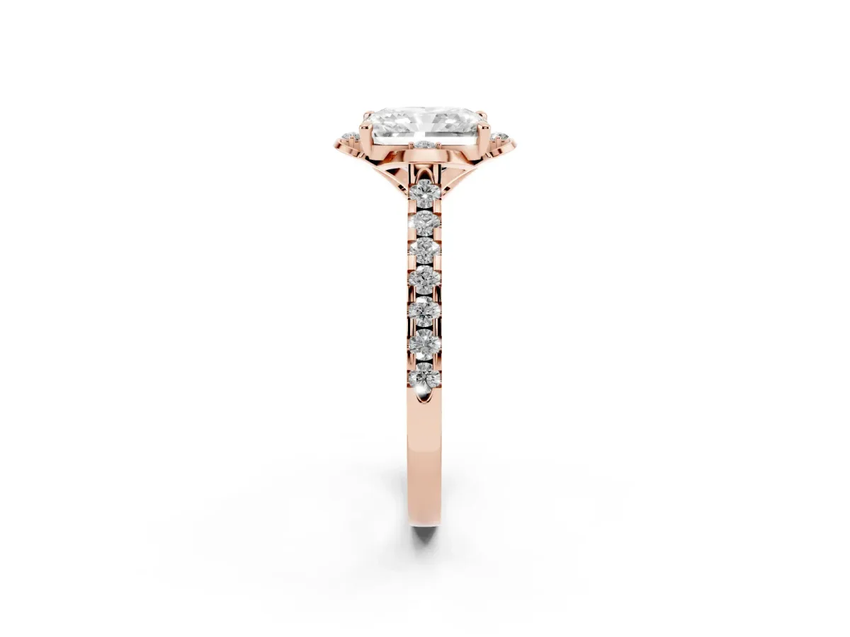 Radiant Cut Diamond Ring with Pavé Band and Floral Prong Setting Rose gold