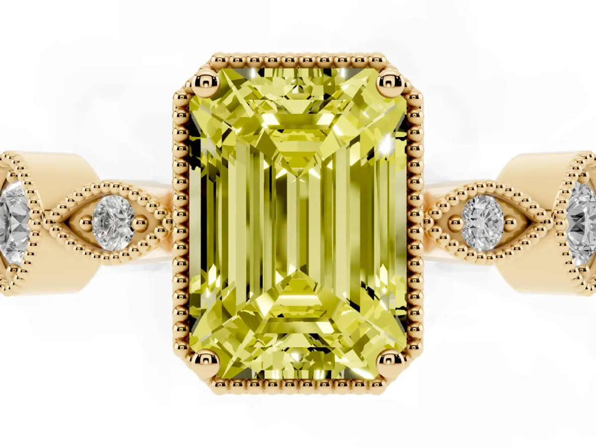 Fancy Yellow Emerald Cut Diamond Vintage Milgrain Ring with Round Stations Yellow gold