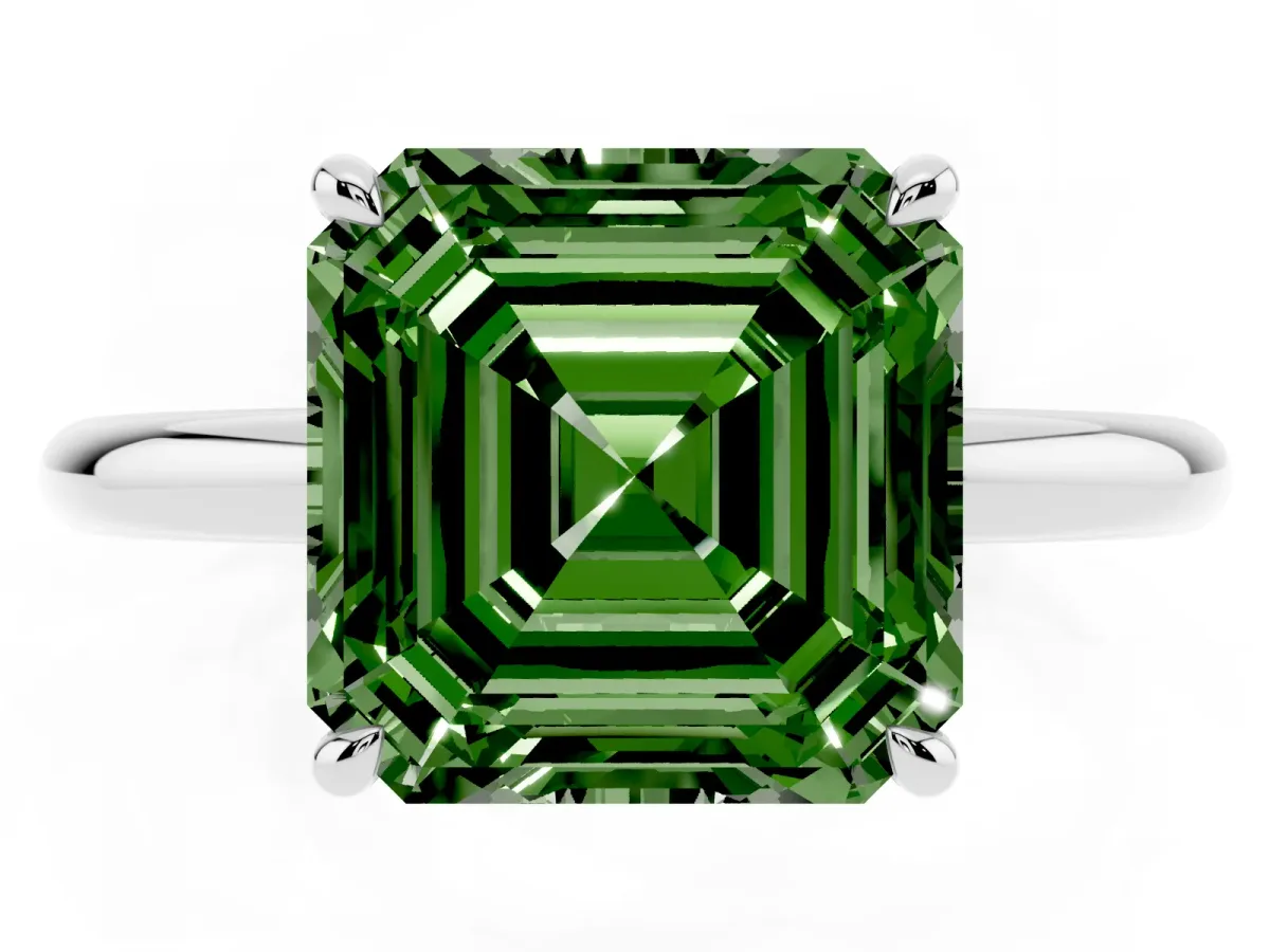 Fancy Green Asscher Cut Diamond Solitaire Ring with Thin Band and Four-Prong Setting Silver