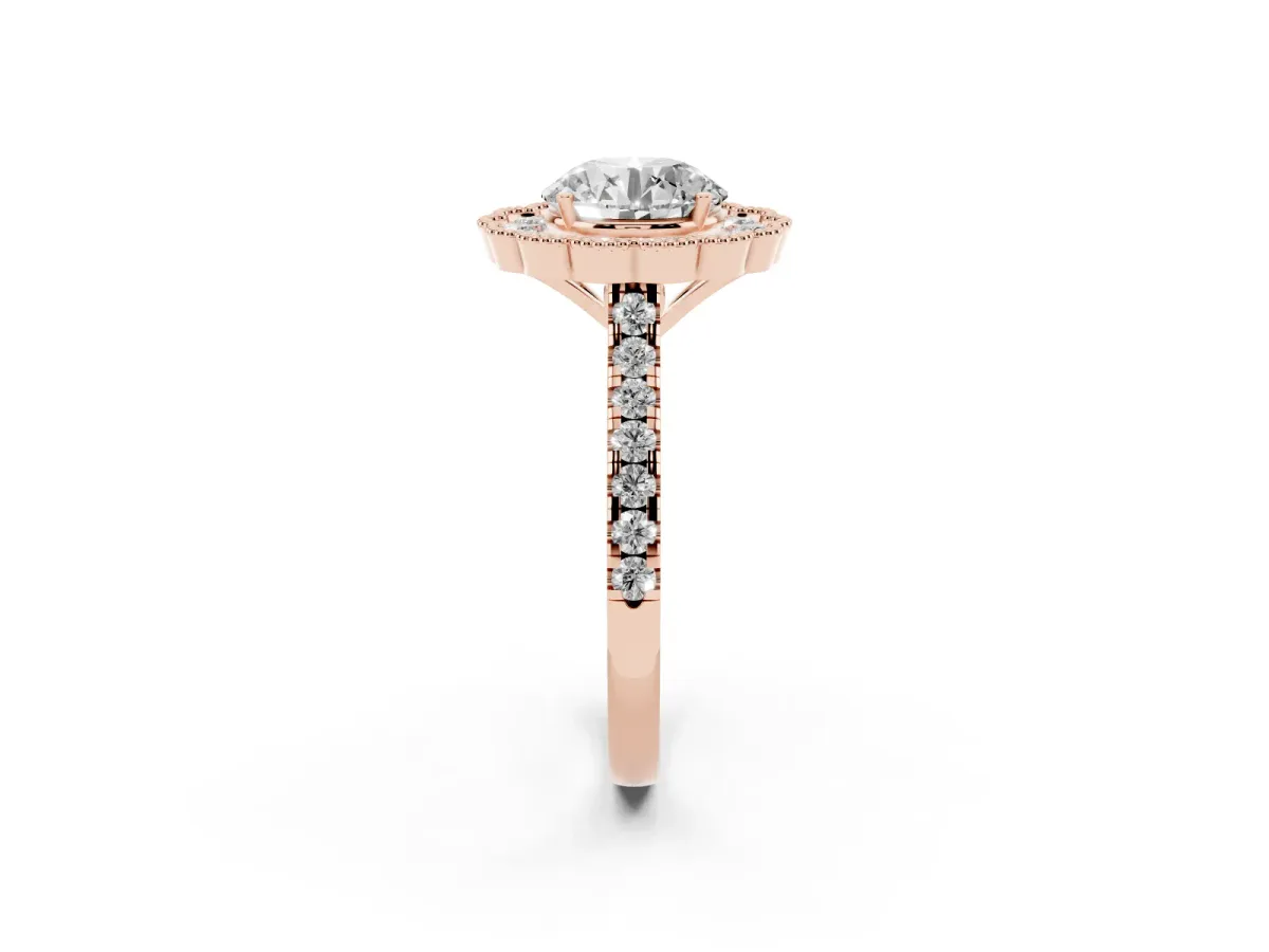 Round Cut Cut Diamond Milgrain Floral Halo Engagement Ring with Pavé Band Rose gold