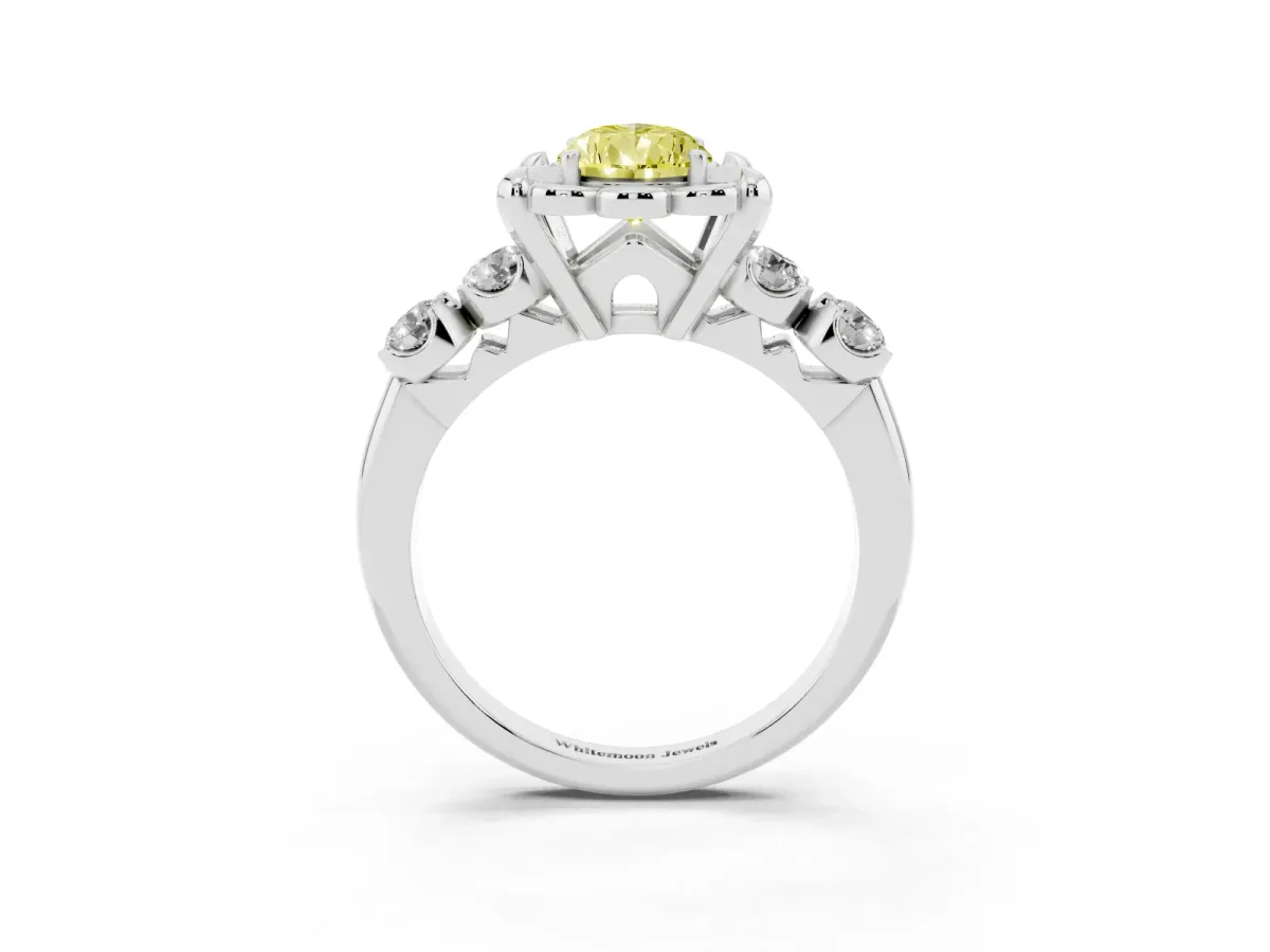 Fancy Yellow Pear Cut Cut Diamond Floral Halo Engagement Ring with Shared Prong Setting Silver