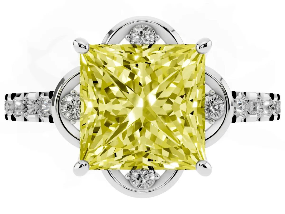 Fancy Yellow Princess Cut Diamond Ring with Pavé Band and Floral Prong Setting Silver